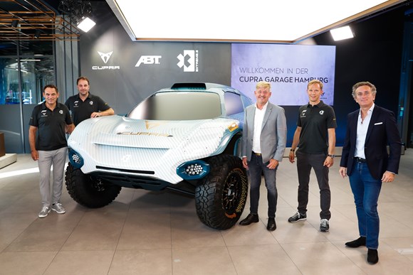 L-R: Hans-Jürgen Abt (Managing Partner of ABT Sportsline), Thomas Beirmaier (ABT Sportsline CEO), Wayne Griffiths (CUPRA CEO), Mattias Ekström (ABT driver), Alejandro Agag (Founder and CEO of Extreme E)