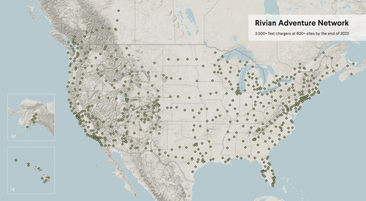 Map showing Rivian charging network